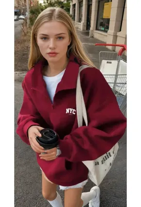 Bordo NYC Fermuarlı Üç İplik Oversize Sweatshirt