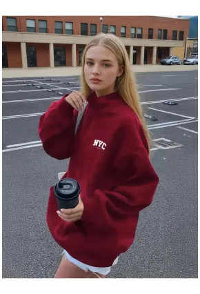 Bordo NYC Fermuarlı Üç İplik Oversize Sweatshirt