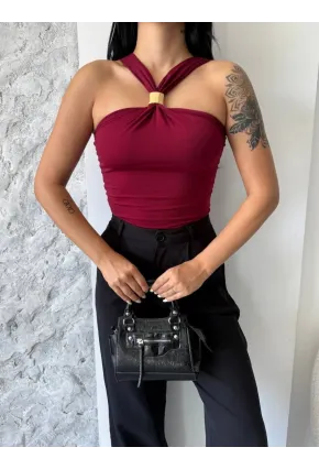 Bordo Sandy Kumaş Yaka Detay Bluz