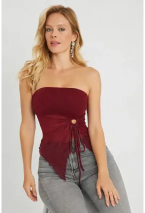 Bordo Straplez Tül Detaylı Büzgülü Crop Bluz