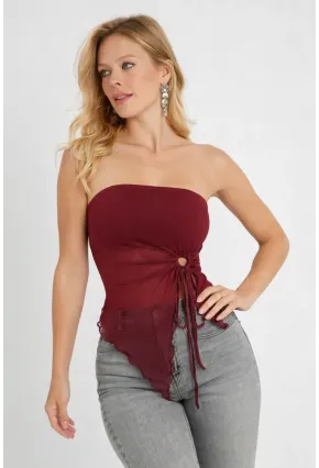 Bordo Straplez Tül Detaylı Büzgülü Crop Bluz