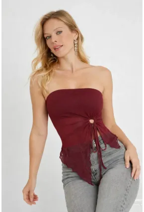 Bordo Straplez Tül Detaylı Büzgülü Crop Bluz