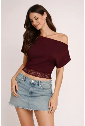 Bordo Tek Omuz Drapeli Dantel Detaylı Kadın Bluz