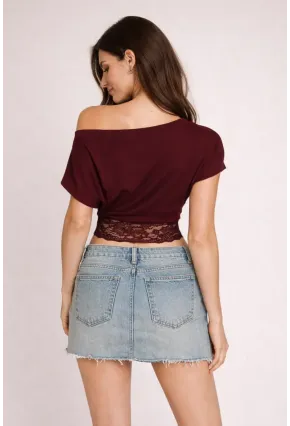 Bordo Tek Omuz Drapeli Dantel Detaylı Kadın Bluz