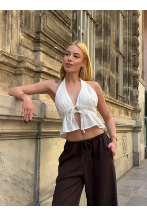 Boyundan Bağlamalı Sırtı Açık Keten Bluz Beyaz