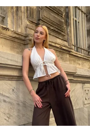 Boyundan Bağlamalı Sırtı Açık Keten Bluz Beyaz