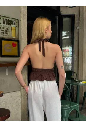 Boyundan Bağlamalı Sırtı Açık Keten Bluz Kahve