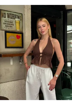 Boyundan Bağlamalı Sırtı Açık Keten Bluz Kahve