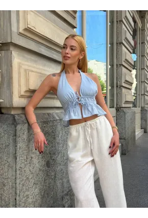 Boyundan Bağlamalı Sırtı Açık Keten Bluz Mavi