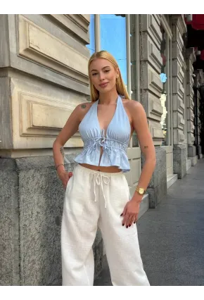 Boyundan Bağlamalı Sırtı Açık Keten Bluz Mavi