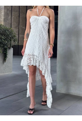 Boyundan Bağlamalı Straplez Asimetrik Astarlı Dantel Elbise Beyaz