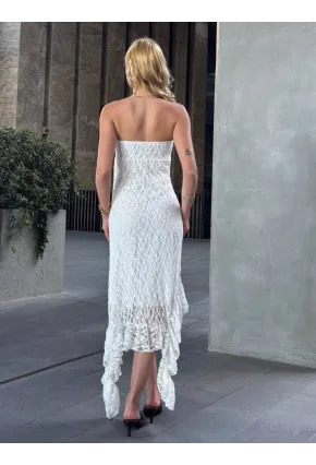 Boyundan Bağlamalı Straplez Asimetrik Astarlı Dantel Elbise Beyaz