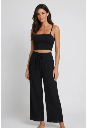 Bürümcük Kumaş Lastikli Bel Salaş Pantolon – Siyah Rahat Kesim Günlük Şıklık