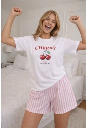 Cherry Baskılı Çizgili Şortlu Kadın Pijama Takımı – Beyaz/Pembe