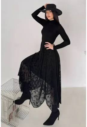 Çiçek Desenli Asimetrik Tül Etek