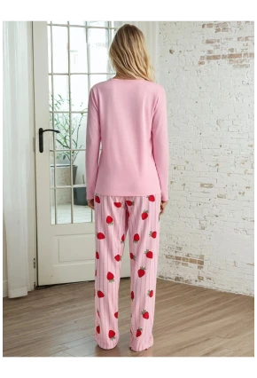 Çilek Baskılı Uzun Kollu Pijama Takımı