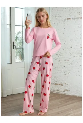 Çilek Baskılı Uzun Kollu Pijama Takımı