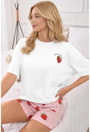 Çilek Desenli Şortlu Kadın Pijama Takımı – Beyaz/Pembe