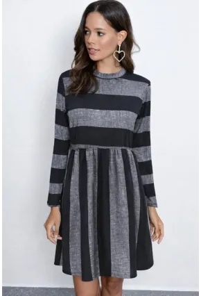Çizgi Desenli Bisiklet Yaka Uzun Kollu Günlük Elbise – Gri Siyah