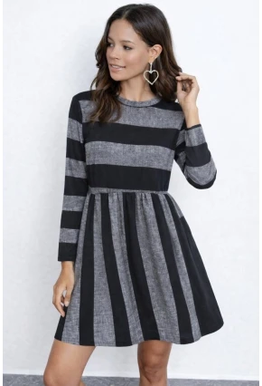 Çizgi Desenli Bisiklet Yaka Uzun Kollu Günlük Elbise – Gri Siyah