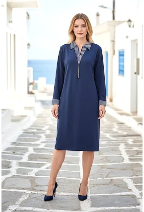 Çizgi Detaylı Fermuarlı Yaka Lacivert Midi Elbise