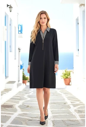 Çizgi Detaylı Fermuarlı Yaka Siyah Midi Elbise