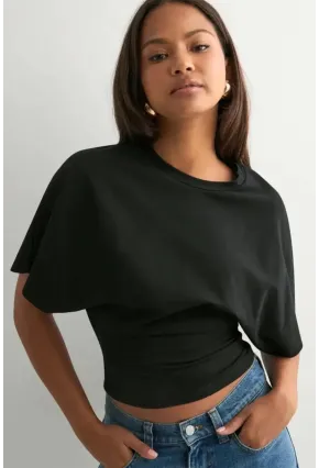 Dalgıç Kumaş Bele Oturan Bisiklet Yaka Geniş Kısa Kollu Bluz