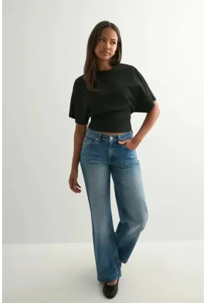 Dalgıç Kumaş Bele Oturan Bisiklet Yaka Geniş Kısa Kollu Bluz