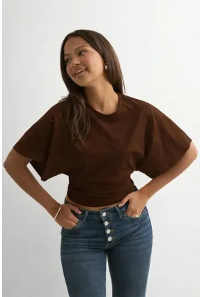 Dalgıç Kumaş Bele Oturan Bisiklet Yaka Geniş Kısa Kollu Bluz