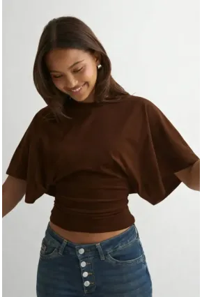 Dalgıç Kumaş Bele Oturan Bisiklet Yaka Geniş Kısa Kollu Bluz