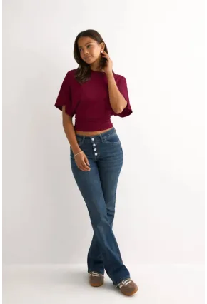 Dalgıç Kumaş Bele Oturan Bisiklet Yaka Geniş Kısa Kollu Bluz