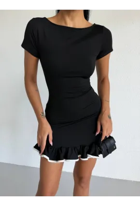 Dalgıç Kumaş Biyeli Elbise Siyah