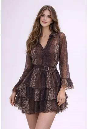 Dantel Dokulu Kat Kat Mini Elbise – Kemer Detaylı Şifon Görünüm