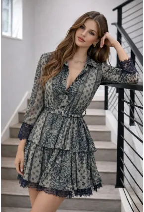 Dantel Dokulu Kat Kat Mini Elbise – Kemer Detaylı Şifon Görünüm