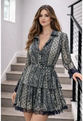 Dantel Dokulu Kat Kat Mini Elbise – Kemer Detaylı Şifon Görünüm