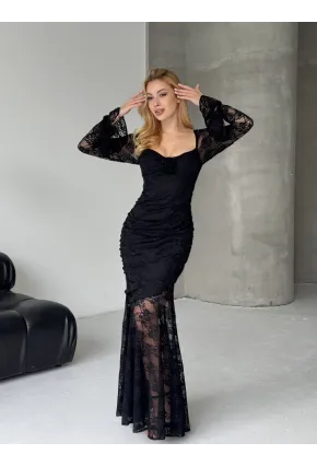 Dantel İç Astarlı Maxi Boy Elbise Siyah