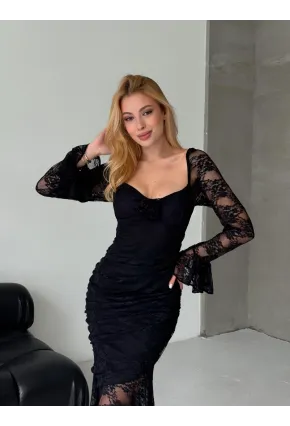 Dantel İç Astarlı Maxi Boy Elbise Siyah