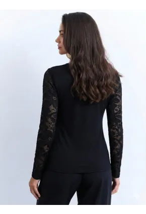 Dantel Kollu Kruvaze Yaka Viskon Kumaş Siyah Bluz
