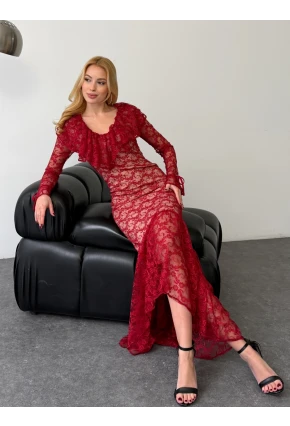 Dantel Kumaş Astarlı Maxi Boy Elbise Bordo