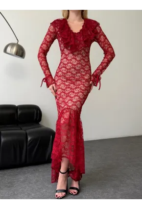 Dantel Kumaş Astarlı Maxi Boy Elbise Bordo