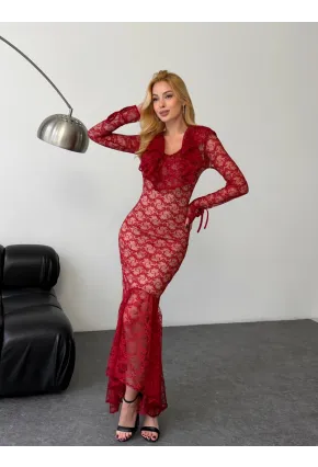 Dantel Kumaş Astarlı Maxi Boy Elbise Bordo