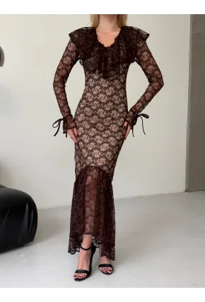 Dantel Kumaş Astarlı Maxi Boy Elbise Kahve