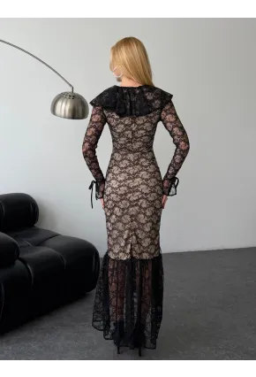 Dantel Kumaş Astarlı Maxi Boy Elbise Siyah