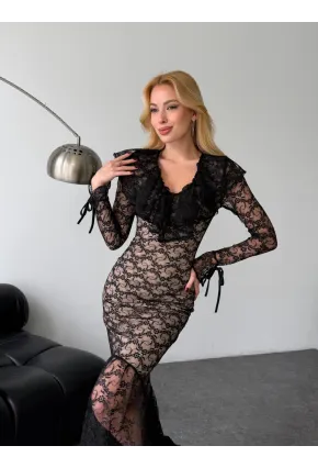 Dantel Kumaş Astarlı Maxi Boy Elbise Siyah