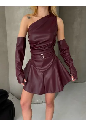 Deri Tokalı Gizli Fermuarlı Kol Detay Mini Şortlu Elbise