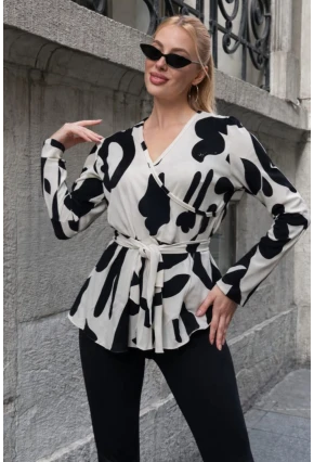 Desenli Kruvaze Yaka Kuşaklı Kadın Bluz
