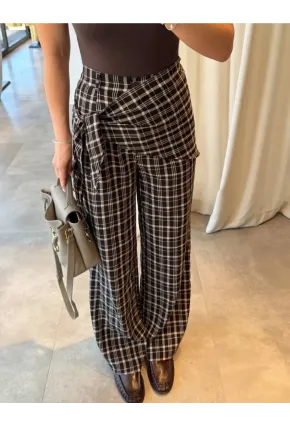 Ekose Desenli Bağlama Detaylı Yüksek Bel Pantolon – Şık & Rahat Kesim