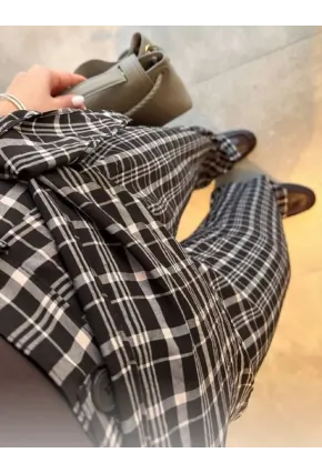 Ekose Desenli Bağlama Detaylı Yüksek Bel Pantolon – Şık & Rahat Kesim