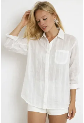 Ekru Çizgili Transparan Dokulu Oversize Kadın Gömlek