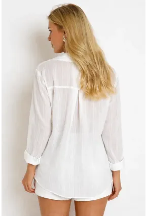 Ekru Çizgili Transparan Dokulu Oversize Kadın Gömlek